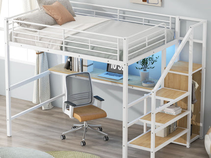 Loft Bed With Desk, Storage Staircase, Small Wardrobe And LED Light