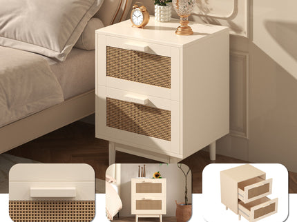 Nightstand With 2 Drawers, Storage Side Table For Bedroom - Antique Natural / Rattan