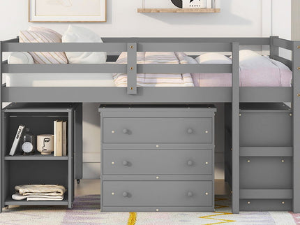 Loft Low Study Bed With Cabinet, Shelves And Rolling Portable Desk, Multiple Functions