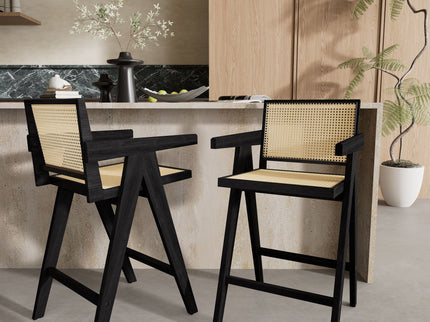 Modern Minimalist Bar Stool With Cane Seat - Black / Natural