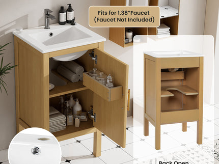 Bathroom Cabinet With Sink, Adjustable Shelf, Soft Closing Hinges - Natural Wood