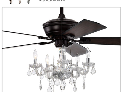 52" Crystal Shade Ceiling Fan Lamp, 3 Speed, 4 Timing, 5 Reversible Blades Crystal Ceiling Fan, 5 Pieces X E12 (No Include Bulb), Hand Pull Chain - Matte Black