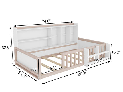 Platform Bed Frame With Guardrail, Storage Shelves & Bookshelf