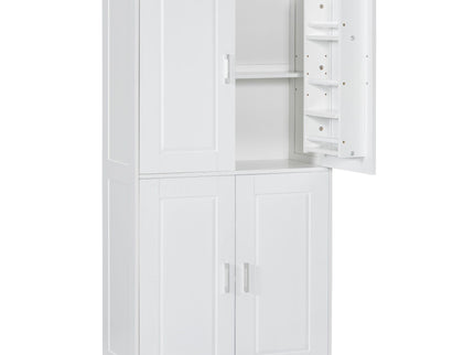 Tall And Wide Bathroom Floor Storage Cabinet With 4 Doors, Adjustable Shelves - White