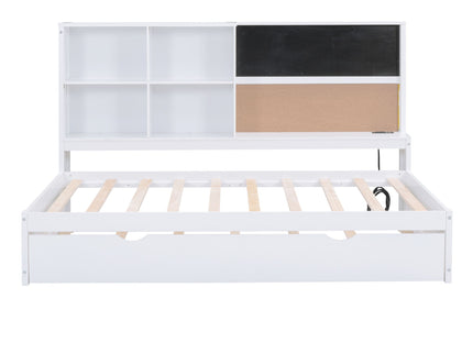 Twin Size Daybed With Storage Shelvesboard, Cork Board, USB Ports And Trundle - White