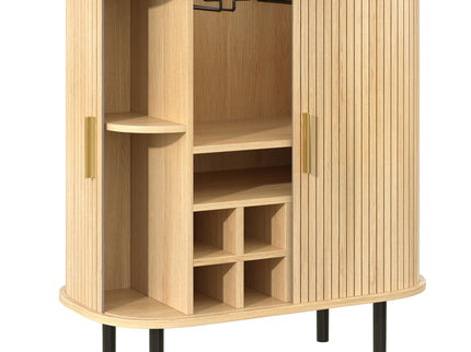 Fluted Wine Bar Cabinet With 8 Grid Wine Rack, 5 Level Adjustable Shelves, 2 Glass Holders