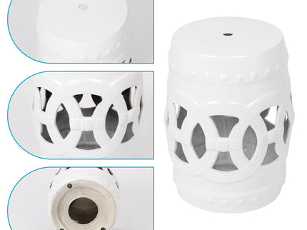 Elegant Glazed Ceramic Drum Stool Indoor / Outdoor Side Table Accent Garden Stool - White