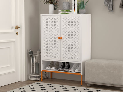 Grid Double Door Shoe Cabinet With Adjustable Compartments And Moisture-Proof Design In Metal