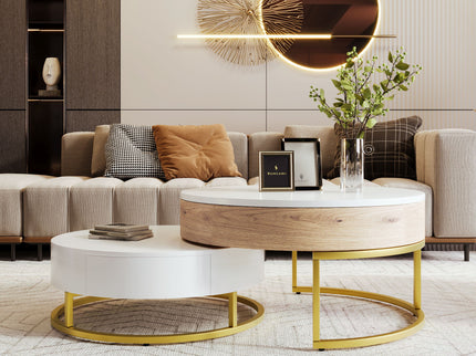 Modern Round Lift-Top Nesting Coffee Tables With 2 Drawers