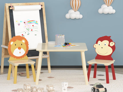 Kids Table And 2 Chairs Set, 3 Pieces Toddler Table And Chair Set, Wooden Activity Play Table Set (Lion&Monkey) - Natural