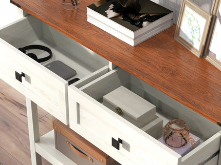 Farmhouse Style Console Table With 2 Drawers And Bottom Storage Shelf