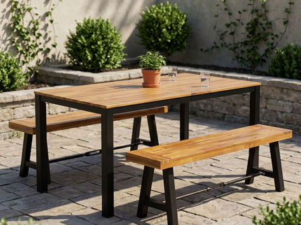 3 Piece Outdoor Dining Set, Rectangular Patio Table & 2 Benches - Black / Teak