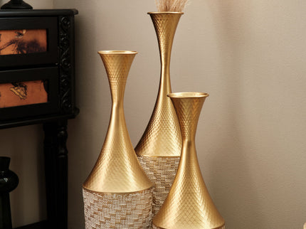 Floor Metal Vase Modern Style Decoration Home Woven Pattern Metal Vase 3 Piece Set Gorgeous Home Decoration Large Glazed Metal Vase - Champagne