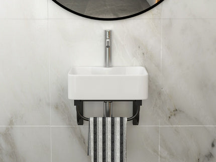 Rectangular Bathroom Sink With Towel Bar & Faucet Hole, Wall Mounted - White