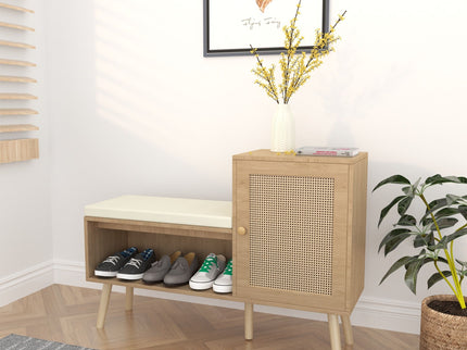 2 In 1 Shoe Storage Bench With Adjustable Shelves - Antique Natural / Rattan
