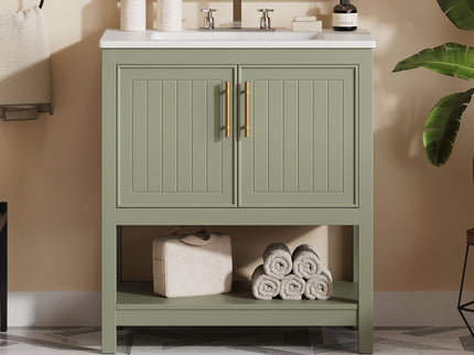 Elegant Bathroom Vanity With Ceramic Sink And Versatile Storage