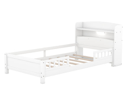 Wood Platform Bed With Built In LED Light, Storage Headboard And Guardrail