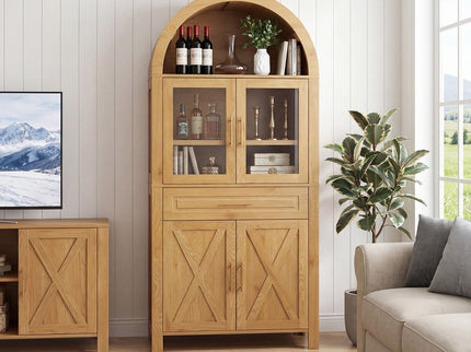 Arched Kitchen Pantry Cabinet With Adjustable Shelves And Barn Door Design