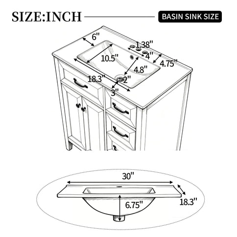 Bathroom Vanity With Sink, Freestanding Design, Soft Close Doors & Drawers - White