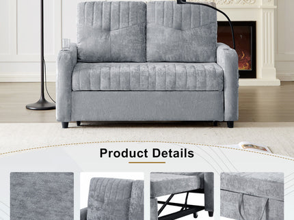 Modern Loveseat Pull Out Sofa Bed With Adjustable Backrest, Two Cup Holders, A Phone Holder, Three Charging Ports And Side Storage Pockets For Living Room