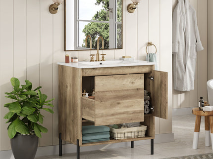 Bathroom Vanity Cabinet With Sink, Sliding Drawer, Soft Closing Door, Open Shelf - Natural Wood
