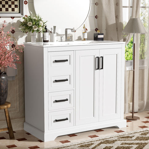 Bathroom Vanity With Sink, Soft Close Doors, Adjustable Shelf & 3 Drawers