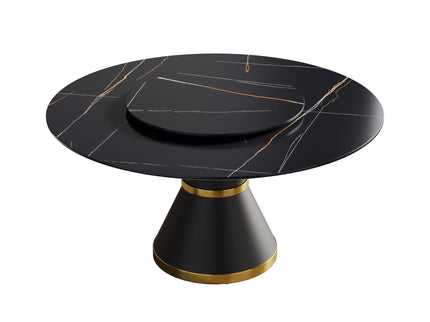 Modern Artificial Stone Round Carbon Steel Base Dining Table, Can Accommodate 6 People Artificial Stone Turntable - Black