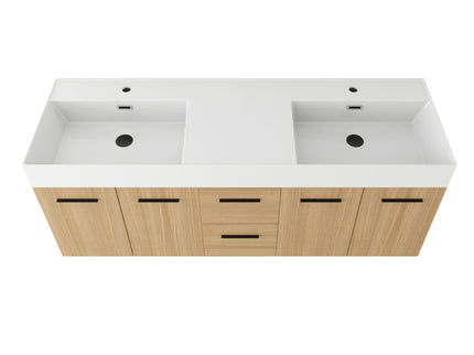 Floating Double Sink Bathroom Vanity With Drawers And Doors, Extra Large Storage, Integrated Sink, Soft Close Hardware - Glossy White / Light Oak