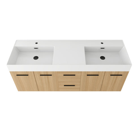 Floating Double Sink Bathroom Vanity With Drawers And Doors, Extra Large Storage, Integrated Sink, Soft Close Hardware - Glossy White / Light Oak
