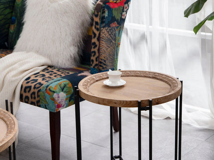Round Side Table With Wood Top, End Table For Living Room Bedroom - Black Brown