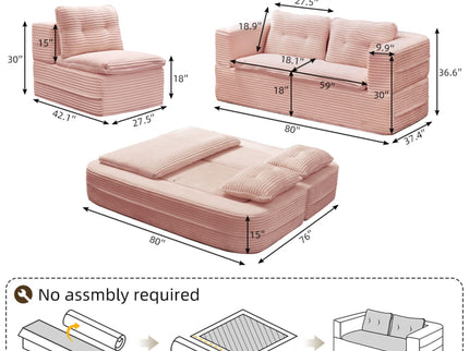 Multi Functional Sectional Sofa Bed With Independent Chaise Lounge And Functional Blanket, Convertible King Size Bed, Deep Seat - Baby Pink