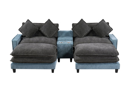 Sectional Sofa With Removable Ottomans, USB Ports, Cup Holders & Storage - Gray / Light Blue