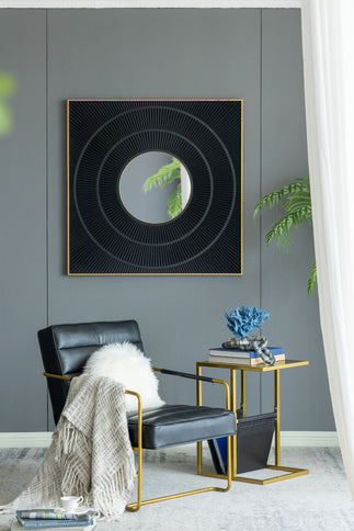 Square Carved Mirror With Pleated Design WithIron Frame, Neutral Colorway Wall Decor For Living Room Bathroom Entryway