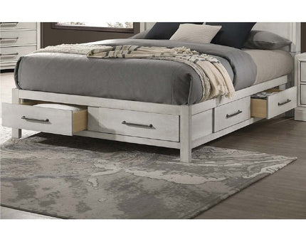Transitional Bed With Smooth Gliding Drawers, Built In Lights, Open Headboard Shelves