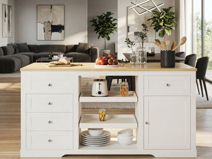 Drop Leaf Kitchen Island With Storage, Power Outlet & Pet Bowl Drawer - White / Light Oak