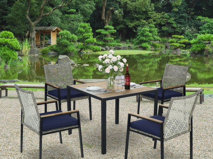 5 Piece Patio Dining Table Set, Acacia Wood Table Top With Umbrella Hole