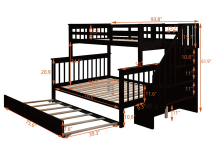 Bunk Bed With Twin Size Trundle, Storage And Guard Rail For Bedroom