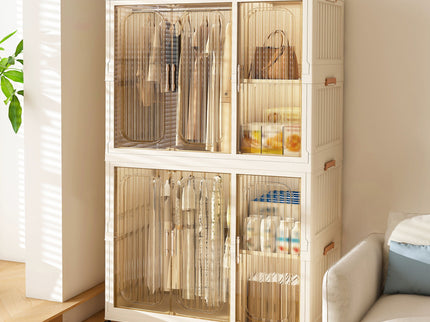Portable Wardrobe Closet Storage Organizer For Clothes, 6 Magnetic Doors With 6 Cubes & 2 Hanging Rods, 6 Hangers - Cream White