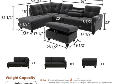 L - Shaped 3 Piece Sectional Sofa With Chaise, Storage Ottoman & Cup Holders