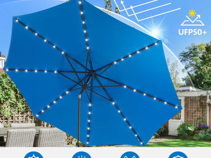 Solar LED Patio Umbrella With Crank Lift And Tilt, 8 Ribs, UV Resistant Canopy For Pool, Backyard & Patio (Without Base) - Blue