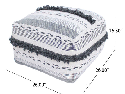 Karim - Faux Yarn Large Pouf, Durable - Ivory / Gray