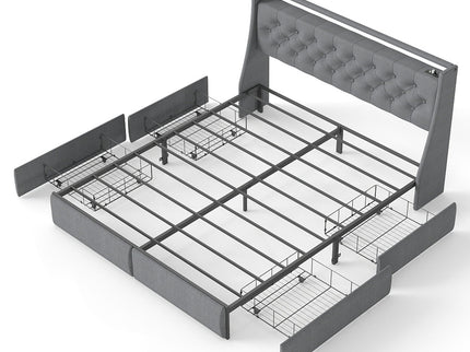 Platform Bed Frame With RGB LED Lights, Charging Station, Storage Headboard & 4 Underbed Drawers