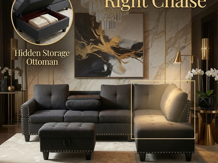 L - Shaped 3 Piece Sectional Sofa With Chaise, Storage Ottoman & Cup Holders