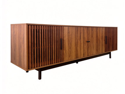 TV Stand, Media Console & Soft Closing Hinges, Adjustable Shelves, Slatted Doors - Walnut