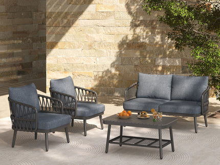 4 Piece Outdoor Patio Furniture Set, Metal Chairs With Woven Rope U Shaped Backrest