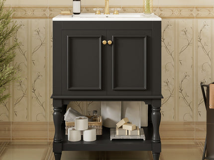 Modern Bathroom Vanity With Sink, Rectangular Cabinet With Open Shelf And Closed Storage