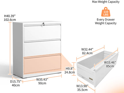 Lateral File Cabinet, Locking Heavy Duty, Anti-Tip Safety Interlock, Vertical Storage For Letter/Legal/A4 Files