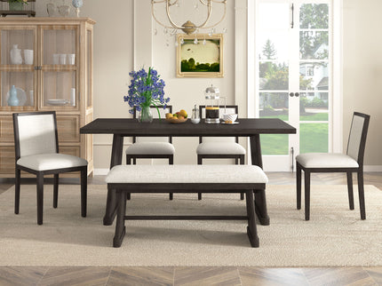 Dining Set With Rectangular Table, 4 Upholstered Chairs & 1 Padded Bench