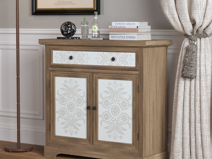 Accent Cabinet With Carved Floral Panels, Sideboard With Drawer And Double Doors - Antique Brown / White