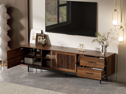 TV Stand, Media Console With 2 Drawers, Soft Closing Hinges, Adjustable Shelves, Slatted Design - Walnut